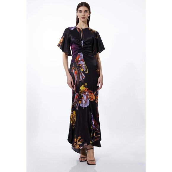 Karen Millen Midnight Floral Satin Angel Sleeve Maxi Dress Size 6 Petite - Picture 1 of 16